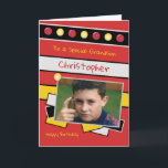Happy Birthday Grandson red and black photo Card<br><div class="desc">Personalise this Birthday Card for your Grandson
Designed in red,  black,  yellow and grey
Add his name 
Happy Birthday
To a special Grandson
Have a great day</div>