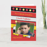 Happy Birthday Grandson red and black photo Card<br><div class="desc">Personalise this Birthday Card for your Grandson
Designed in red,  black,  yellow and grey
Add his name 
Happy Birthday
To a special Grandson
Have a great day</div>