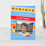 Happy Birthday Grandson red blue yellow photo Card<br><div class="desc">Personalise this Birthday Card for your Grandson
Designed in red,  blue,  yellow,  orange
Add his name 
Happy Birthday
To a special Grandson
Have a great day</div>