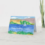Happy Birthday Grandson Sailing Mountain Lake Card<br><div class="desc">A happy birthday greeting card for someone who enjoys the outdoors and water sports featuring people sailing on a quiet mountain lake in summer with trees and rolling hills in the background painted with watercolor.  Customise the text to fit your needs.</div>