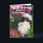 Happy Birthday great granddaughter Black doll Card<br><div class="desc">A cute little black doll in Victorian style dress among flowers with the text Happy Birthday Great Granddaughter..</div>