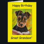 Happy Birthday Great Grandson<br><div class="desc">Painting of cute little terrier with yellow border and the message “Happy Birthday Great Grandson.”</div>