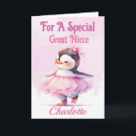 Happy Birthday Great Niece Penguin Pink Ballerina Card<br><div class="desc">A cute Birthday card designed for a special great / grand Niece . Design of a baby penguin dressed as a ballerina in a pink tutu with a pale pink and white snowy background . All text can be amended as needed . Customised by changing the title and who for...</div>