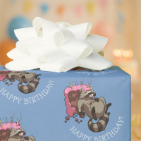 Happy Birthday! Greedy Cake Eater Cartoon Racoon 