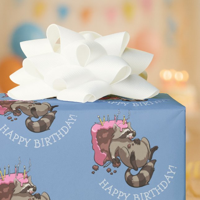 Happy Birthday! Greedy Cake Eater Cartoon Racoon  Wrapping Paper (Creator Uploaded)