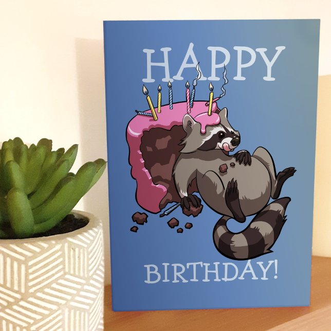 Happy Birthday! Greedy Raccoon Eating Cake Cartoon Card (Creator Uploaded)