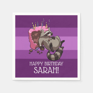 Happy Birthday Greedy Racoon Cake Cartoon Napkin