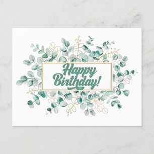 Happy Birthday Green and Golden Eucalyptus Leaves Postcard