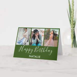 Happy Birthday Green and White 3 Photo Collage Card