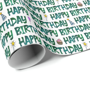 Happy Birthday Green Dark Text Pattern Wrapping Paper