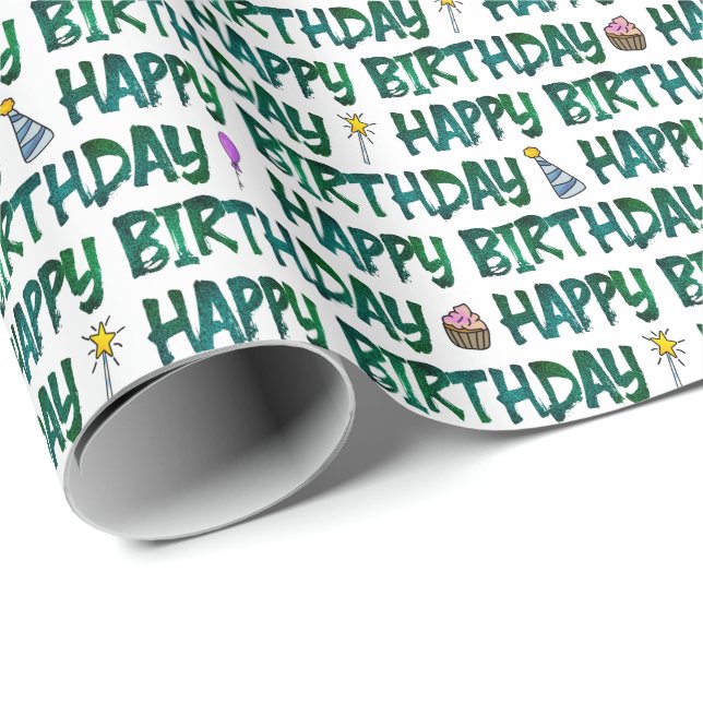 Happy Birthday Green Dark Text Pattern  Wrapping Paper (Roll Corner)
