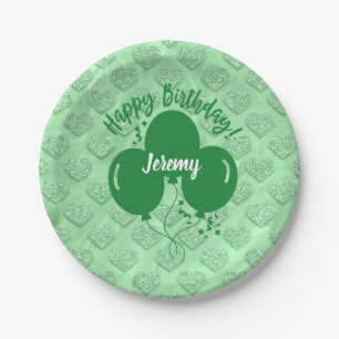 Happy Birthday Green Hearts Balloons Personalized  Paper Plate