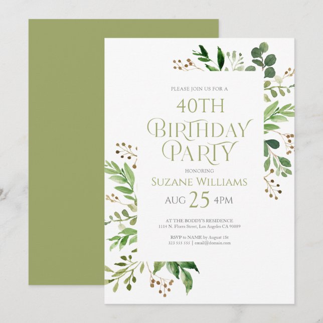 happy Birthday green leaves frame Invitation (Front/Back)