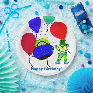 Happy Birthday Green Robot Boy Blue Spaceship Paper Plate