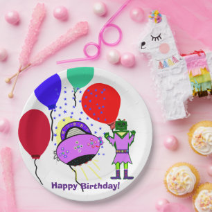 Happy Birthday Green Robot Pink Purple Spaceship Paper Plate