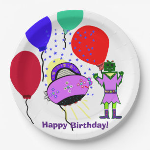 Happy Birthday Green Robot Pink Purple Spaceship Paper Plate