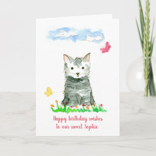 Happy Birthday Grey Kitten Custom Name Card