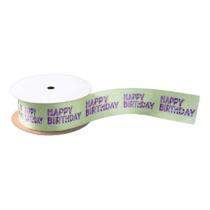 Happy Birthday Groovy Colourful Text on Lime Satin Ribbon