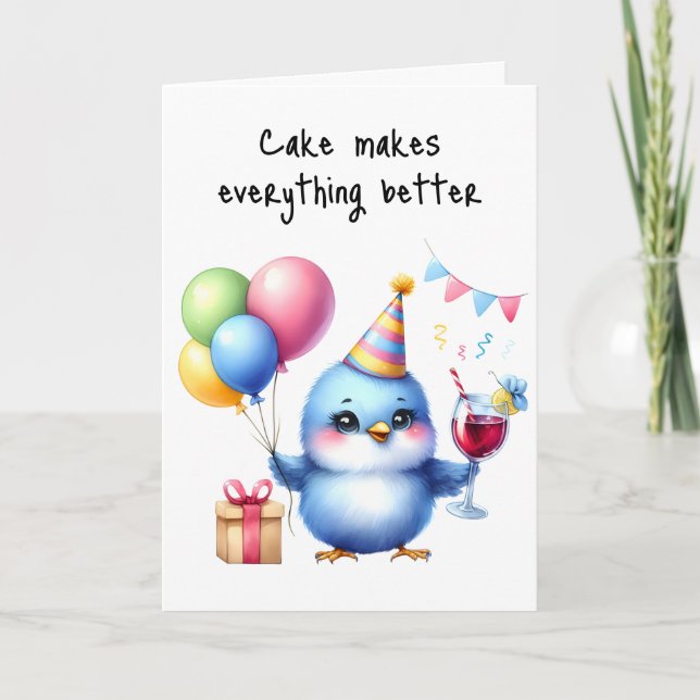 Happy Birthday Grumpy Bird Cake Balloons Red Wine Card (Front)
