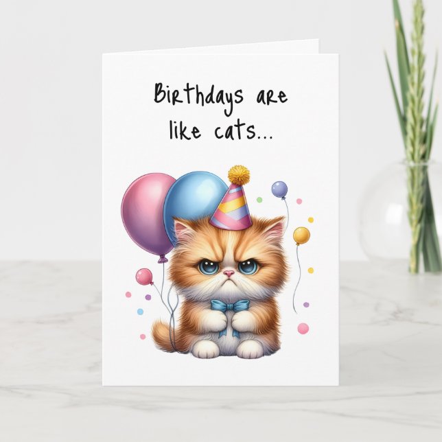 Happy Birthday Grumpy Cat Blue Bow Tie Balloons  Card (Front)