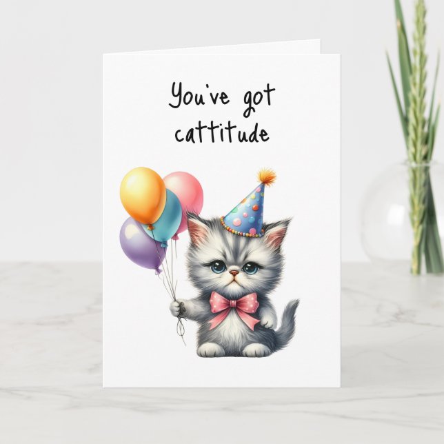 Happy Birthday Grumpy Cat Cattitude Balloons  Card (Front)