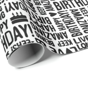 Happy Birthday Hand Typography in Black on White Wrapping Paper
