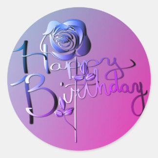 "Happy Birthday!" Hand-written Blue 3D Rose Classic Round Sticker