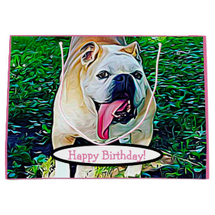 Happy Birthday handsome bulldog pink tongue Large Gift Bag