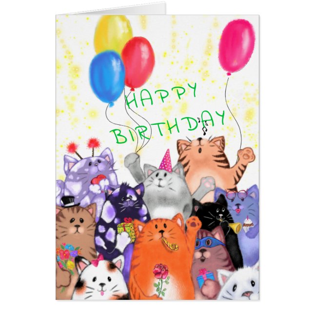 Happy Birthday - Happy Cat Party Cartoon Drawing  (Front)