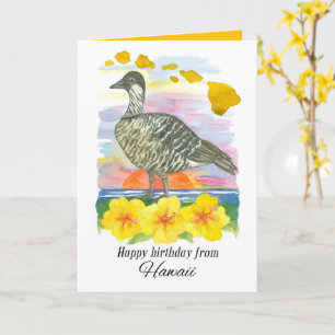 Happy Birthday Hawaii Nene Bird Watercolor Sunset Card