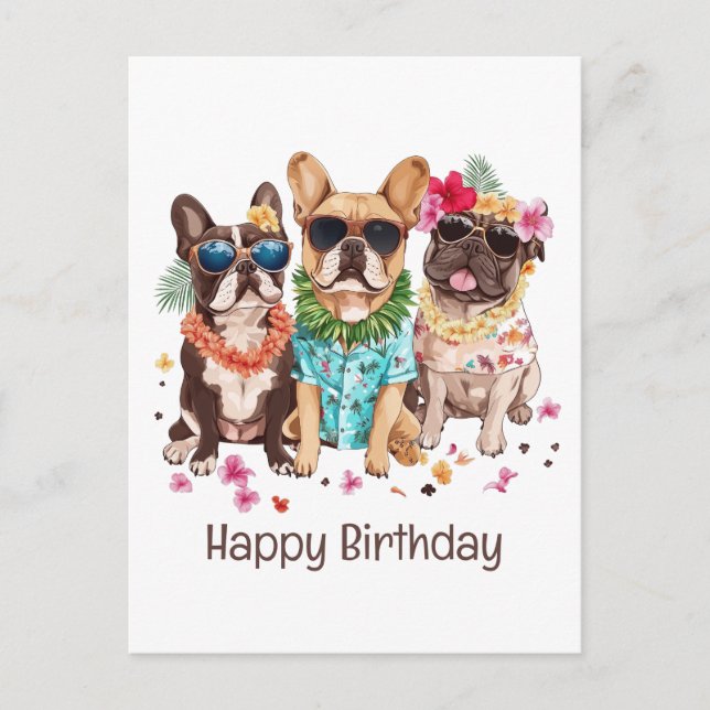 Happy Birthday Hawaiian French Bulldogs Flower Lei Postcard (Front)