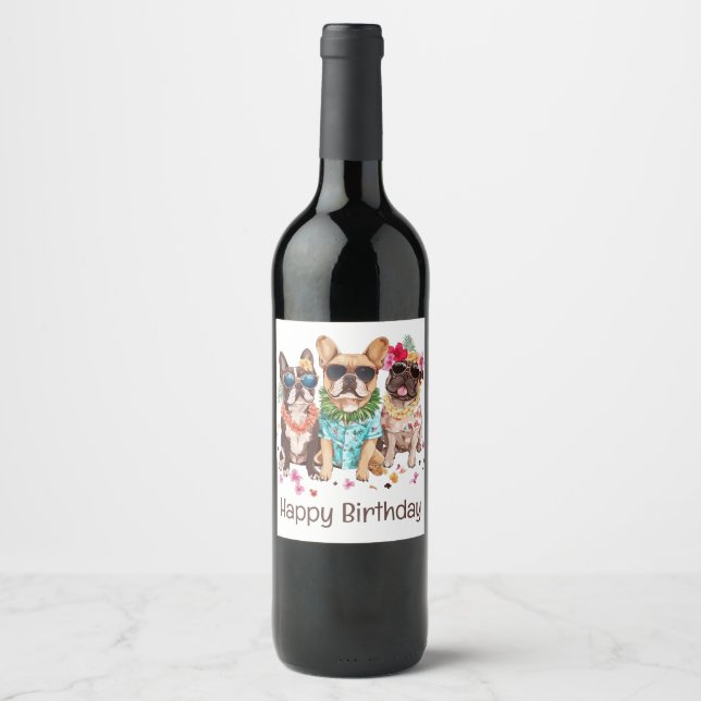 Happy Birthday Hawaiian French Bulldogs Flower Lei Wine Label (Front)