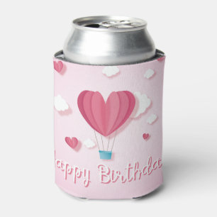 Happy Birthday Heart air balloon pink romantic Can Cooler