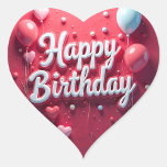 Happy Birthday  Heart Sticker<br><div class="desc">Happy Birthday text in a stylised,  decorative font with pretty balloons and red background.</div>