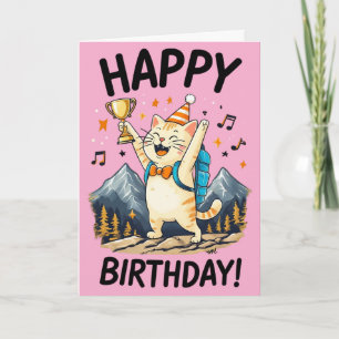 Happy Birthday Hiker Cat with Trophy & Peaks Card