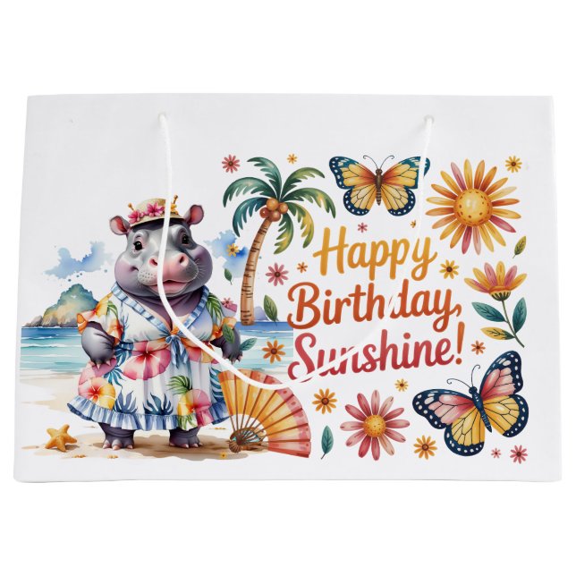 Happy Birthday Hippo at beach  Large Gift Bag (Front)