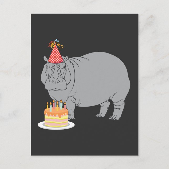 Happy Birthday Hippo Zoo Animal Party Hat Cake Postcard (Front)