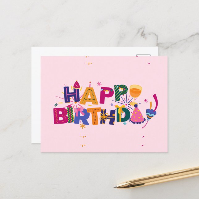 Happy Birthday Holiday Postcard (Happy Birthday Text Colorful Font on Pink Background!)