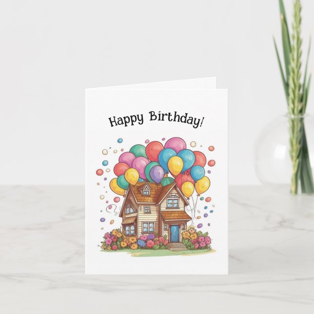 Happy Birthday Home with Balloons Note Card (Front)