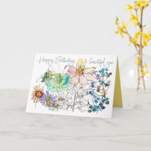 Happy Birthday Honeybees Watercolor Flowers  Card