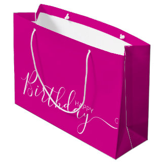 Happy Birthday Hot Pink White Elegant Large Gift Bag