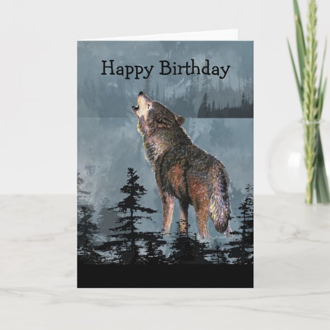 Happy Birthday Howling Wolf Animal Art Card (Front)