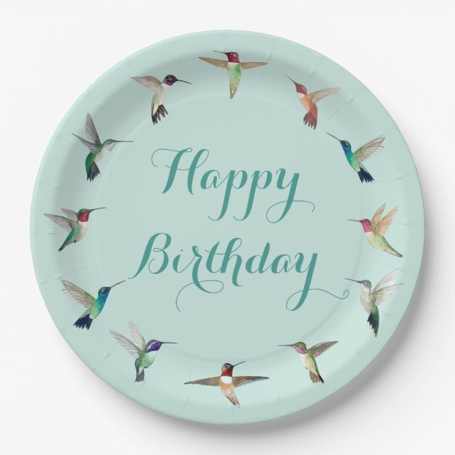 Happy Birthday Hummingbirds Paper Plate (Front)