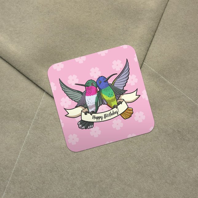 Happy Birthday! Hummingbirds With Ribbon Cartoon Square Sticker (Creator Uploaded)