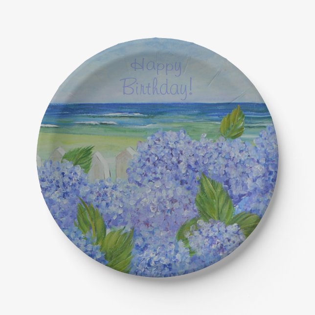 Happy Birthday Hydrangeas By The Sea Paper Plate (Front)