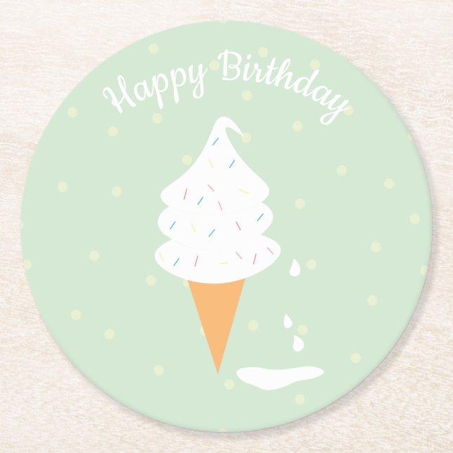 Happy Birthday Ice Cream Cone Sprinkles Polka Dots Round Paper Coaster (Front)