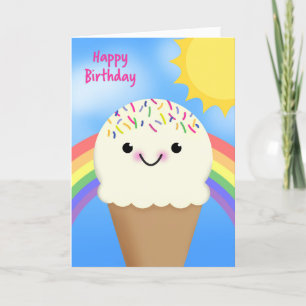 Happy Birthday Ice Cream Cone With Rainbow and Sun Holiday Card