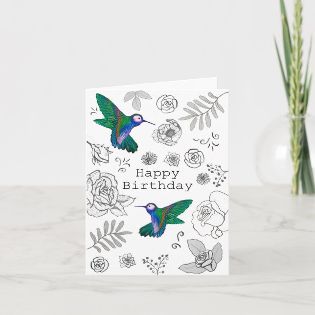 Happy Birthday Illustrated Floral Hummingbird Card (Front)