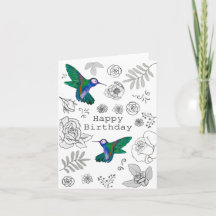 Happy Birthday Illustrated Floral Hummingbird Card