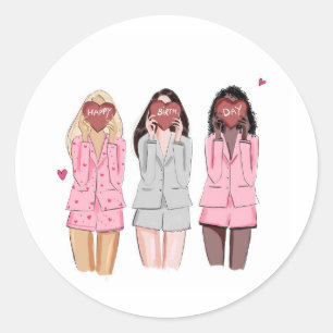 Happy birthday illustration pink girls  classic round sticker